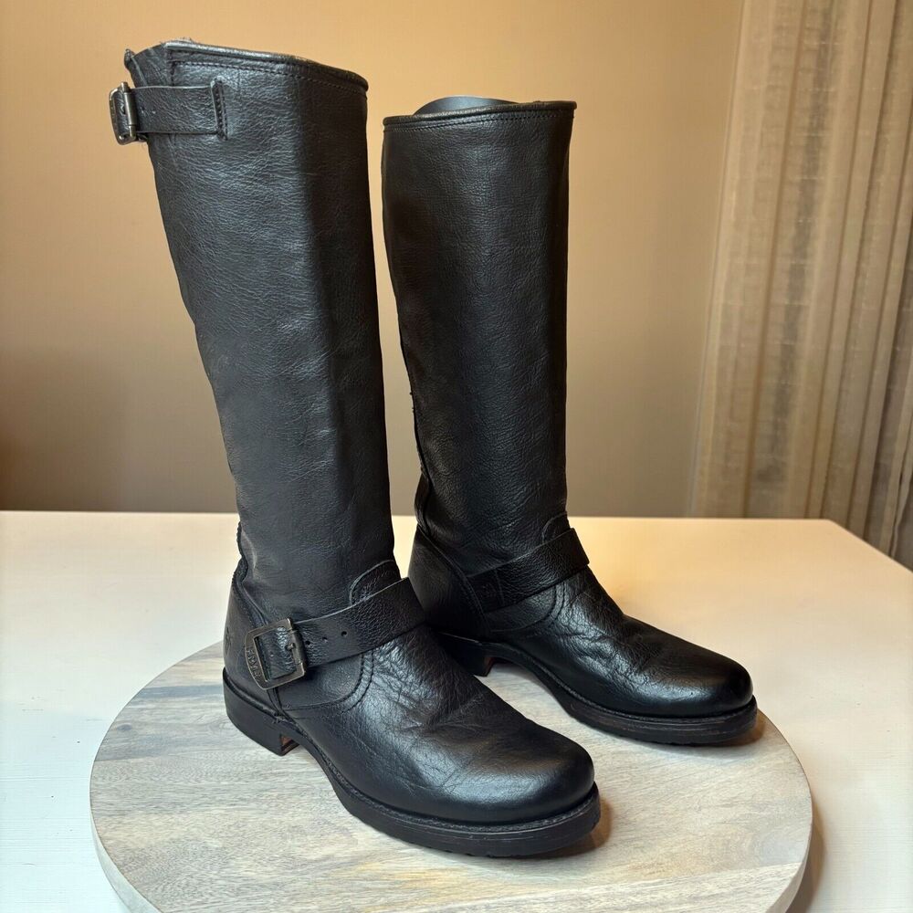 Frye Women's Veronica Slouch Round Toe Black Leather Riding Boots US Size 6.5‎ B